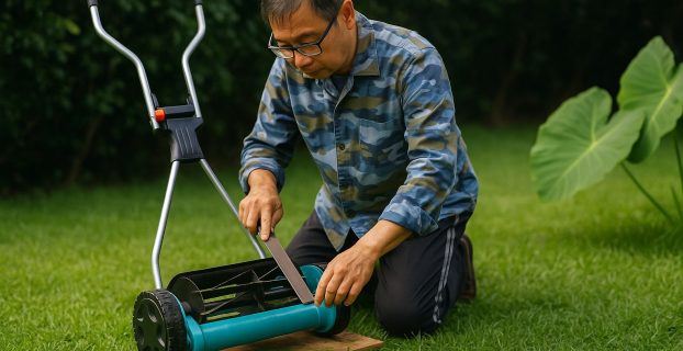 Nærbilde av hender som sliper en gressklipperkniv med en fil