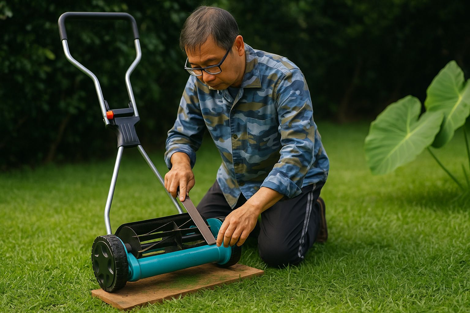 Nærbilde av hender som sliper en gressklipperkniv med en fil
